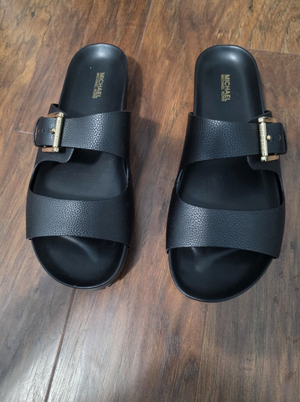 MICHAEL Michael Kors Black Gold Buckle Double Strap Slide Sandals
